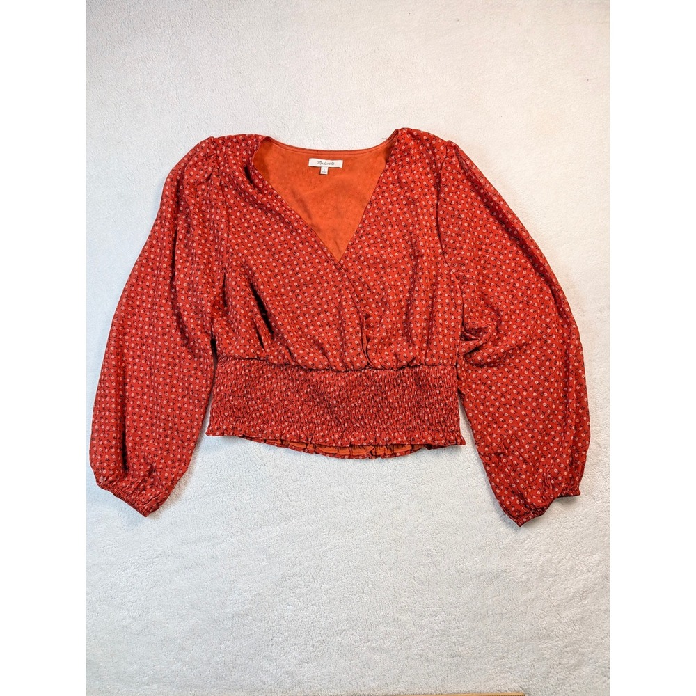 Madewell Womens Large Rust Orange Floral Smocked Waist V-Neck Blouse Large